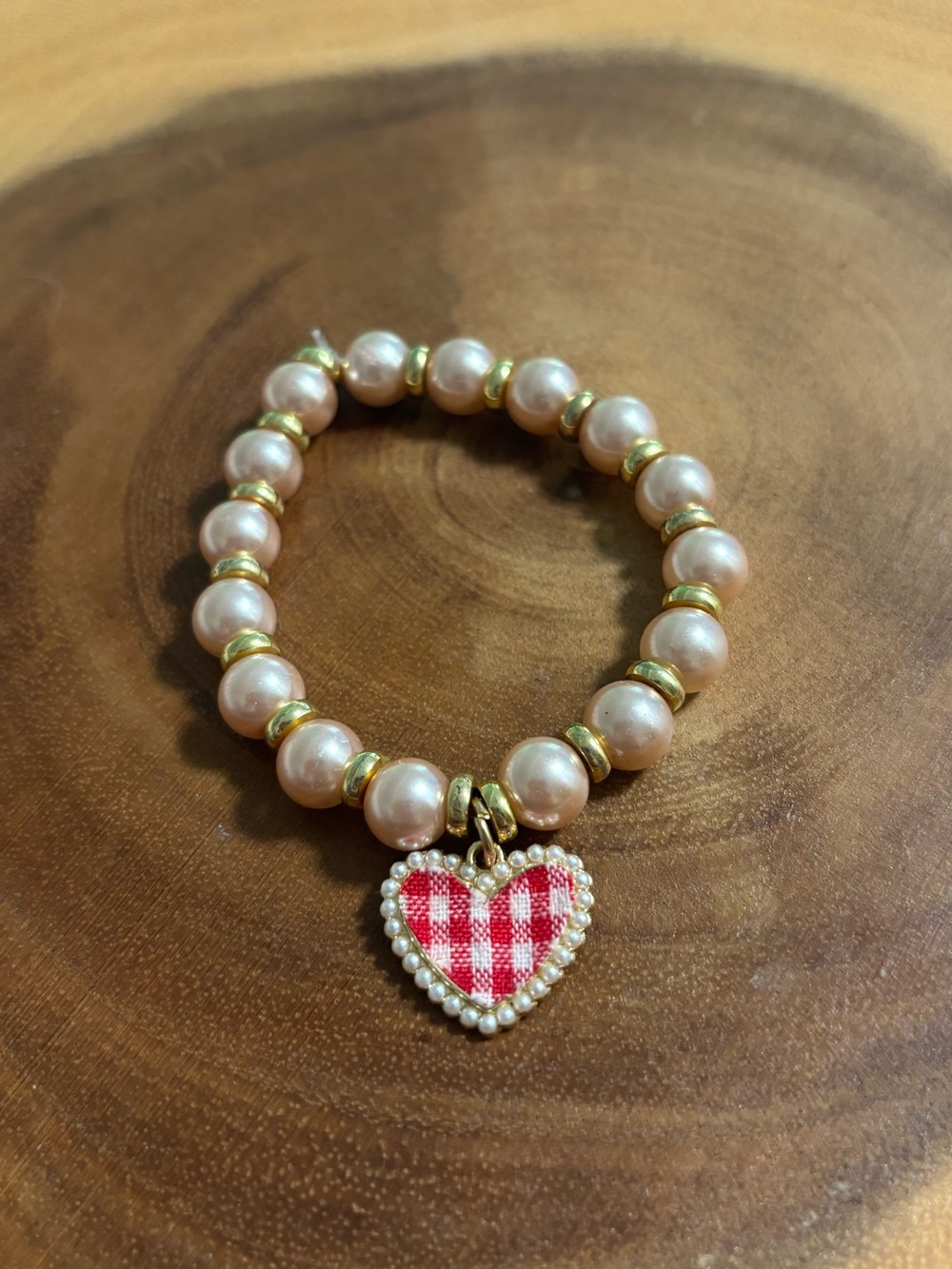 Handmade Rose Pink Pearl Beaded Bracelet with Red Gingham Heart Charm